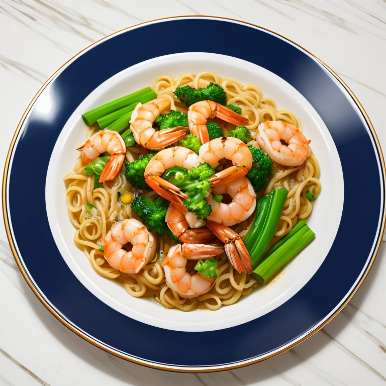 masterpiece, high quality, best quality, noodles with shrimp, deep plate,
