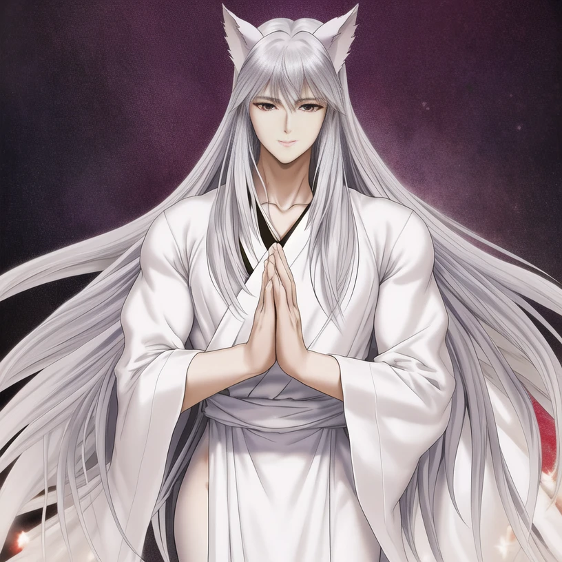anime character, masterpiece, detailed, soft skin, best quality, ultra HD, long hair, animal ears, silver hair, white clothes, fit asian male, (huge ass), standing inside a photograph studio, ((beautiful hands)), detailed face, neutral background, gentle smile,   <lora:YoukoKuramaV01:0.7>