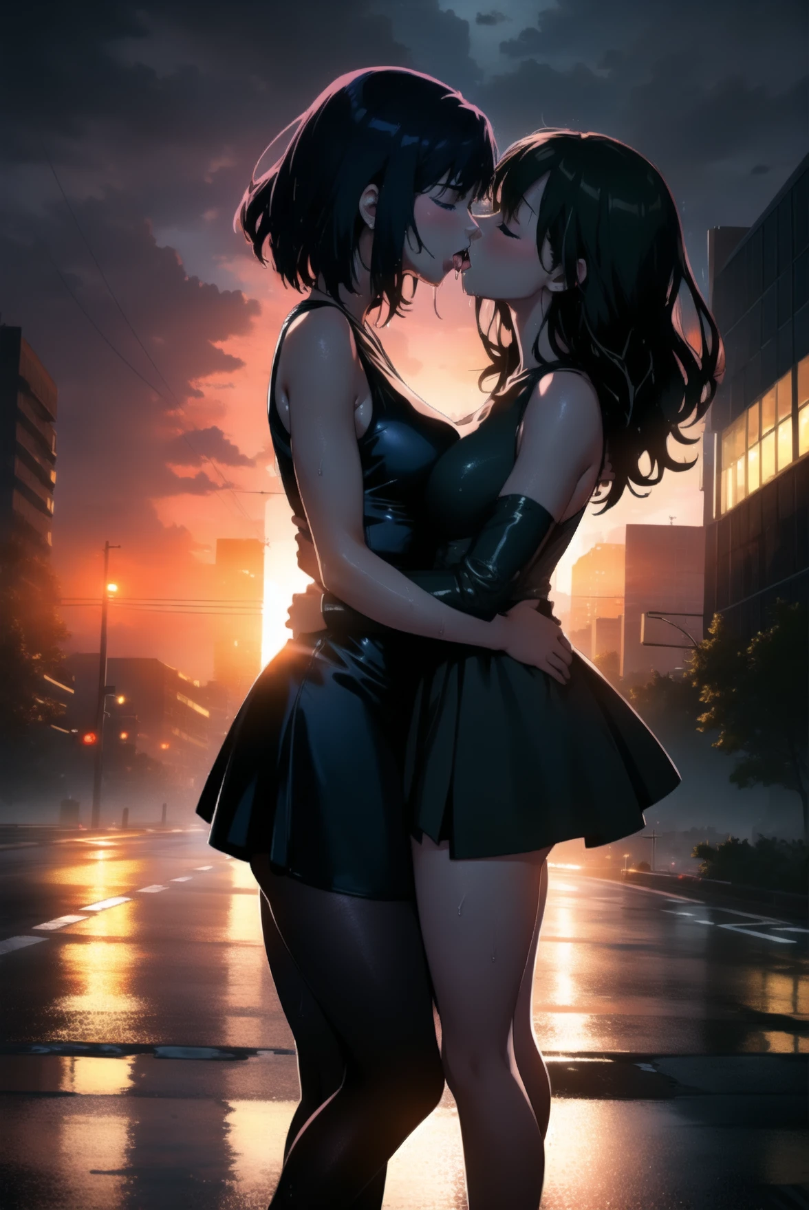 (masterpiece:1.4),(volumetric lighting:1.3), (2girls, yuri), tongue kiss, short tight dress,sleeveless, outdoors, cityscape,road, heavy rain,storm, dusk,dawn, twilight,sunset, full body, soaking wet, sensual body, closed eyes, (silhouette:1.2), wet ground, <lora:KISSING_V1:0.9>