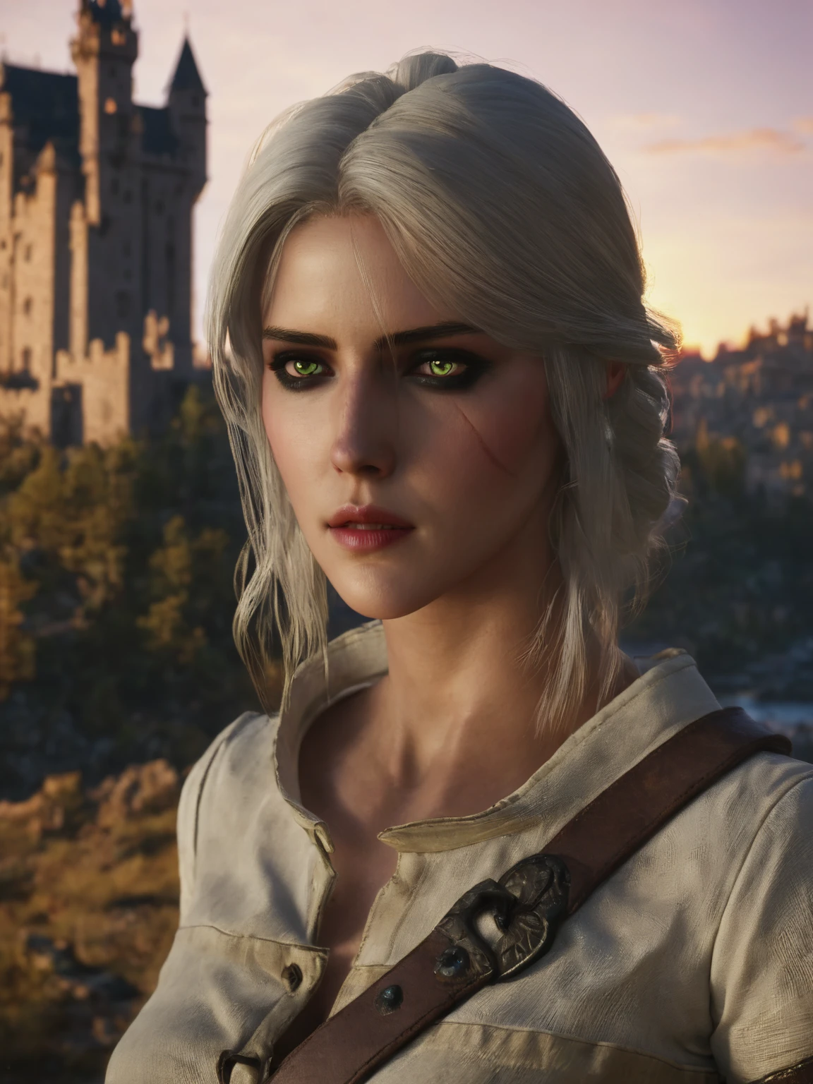 (masterpiece), (extremely intricate:1.3), (realistic), photo of ciri_w3, ciri_w3_outfit, 4k, highly detailed, the most beautiful in the world, black hair, (purple eyes:0.6), full body, outdoors, far away castle, professional photograph of a stunning woman detailed, sharp focus, dramatic, award winning, cinematic lighting, volumetrics dtx, (film grain, blurry background, blurry foreground, bokeh, depth of field, sunset, motion blur:1.3), 4k, 8k, hd, hdr, <lora:greg_rutkowski_xl_2:0.5>, <lora:ciri_w3_sdxl_3000:0.8>