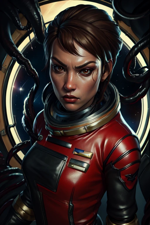 MorgunYu,short brown hair,brown eyes,solo,standing,serious expression,close up, upper body,
MorSpa,gloves,skin tight,black and red spacesuit,boots,space station,dark,lounge area,( surrounded by dark tentacles) black slime,
(insanely detailed, beautiful detailed face, masterpiece, best quality), <lora:MorgunYu-10v3:0.8>