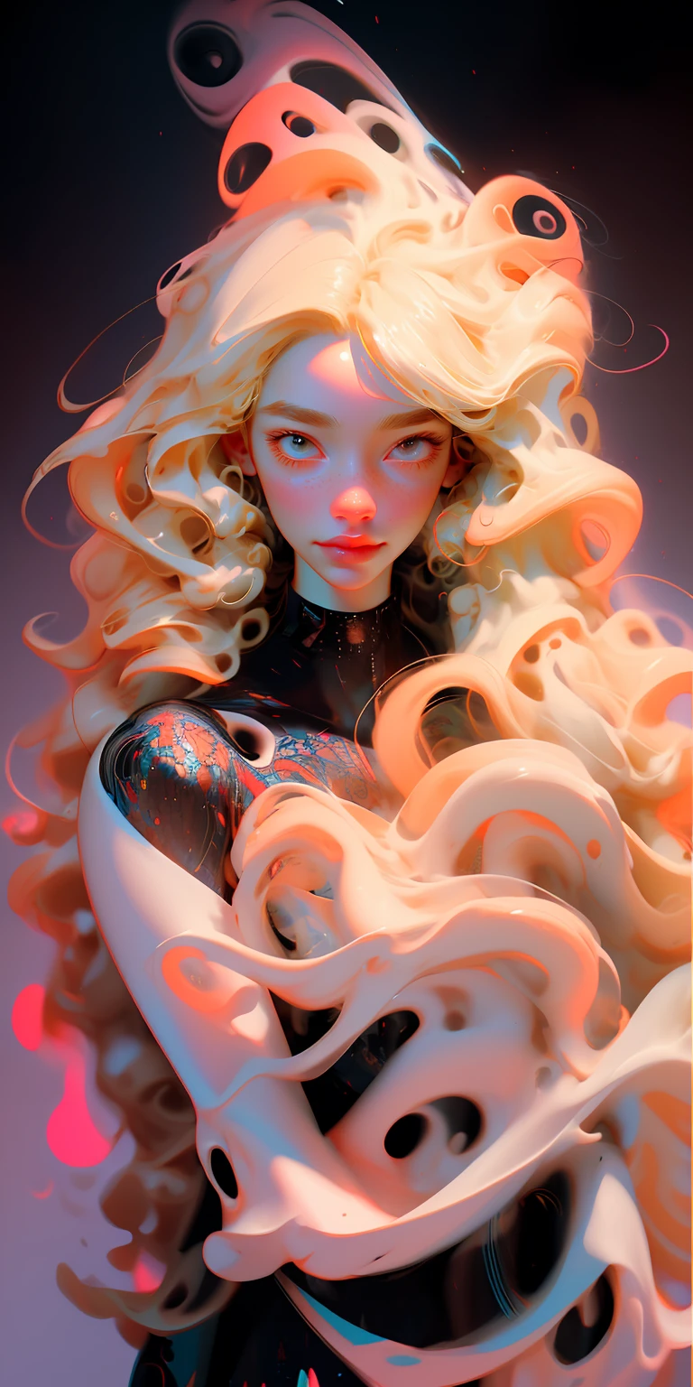 (masterpiece, best quality), 1girl, dress, looking at viewer, blonde, wavy hair, (surreal, intricate, abstract, swirl), upper body