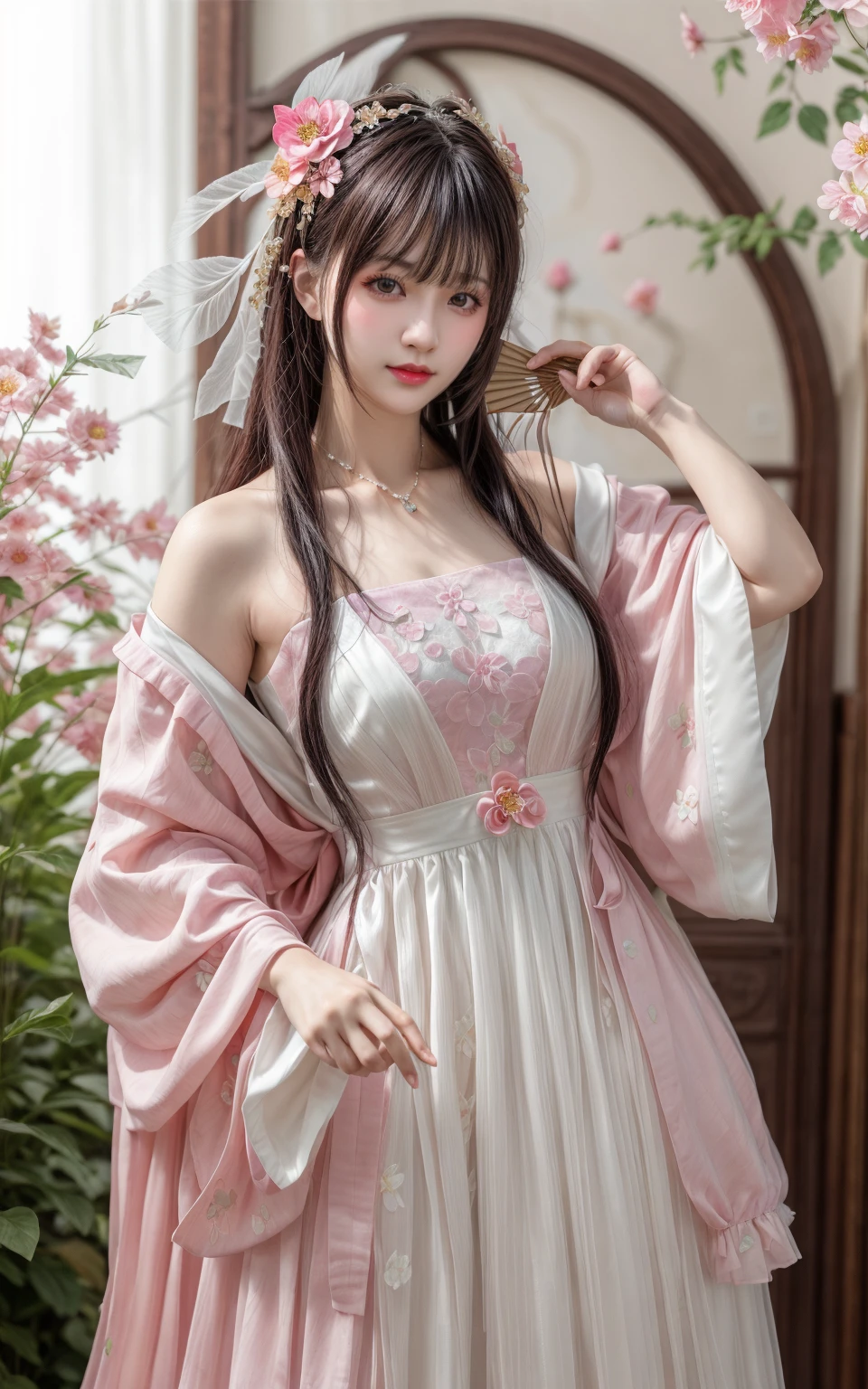 realistic,photorealistic,masterpiece,1girl, solo, dress, flower, pink background, black hair, holding, white dress, hair ornament, bangs, hair flower, brown hair, hand fan