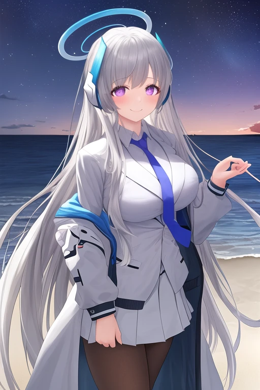 masterpiece, best quality, highres, solo, {night:1.10}, {starry sky:1.10}, beach, beautiful detailed sky, {extremely detailed background:1.20}, mature, {noa_bluearchive:1.10}, halo, long_hair, purple_eyes, bangs, smile, grey_hair, mechanical_halo, breasts, necktie, blue_necktie, suit, very_long_hair, formal, blush, white_suit, white_hair, headphones, large_breasts, {standing:1.10}, looking at viewer, {bikini:1.30}, light smile