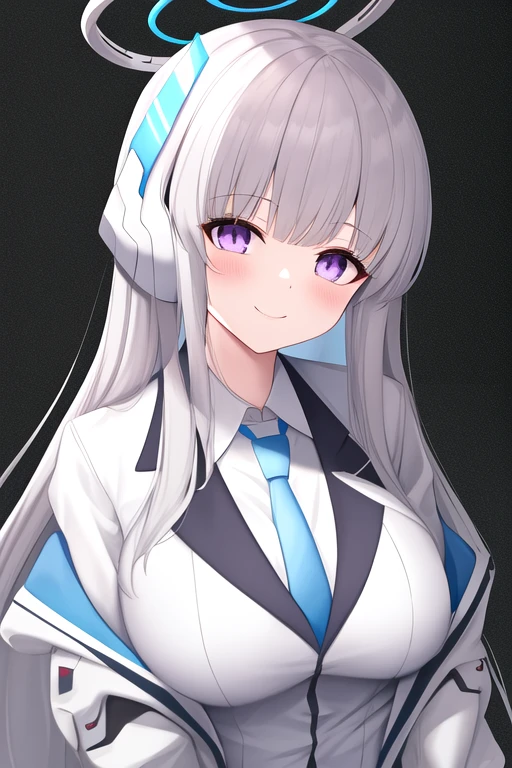 masterpiece, best quality, highres, solo, {noa_bluearchive:1.10}, halo, long_hair, purple_eyes, bangs, smile, grey_hair, mechanical_halo, breasts, necktie, blue_necktie, suit, very_long_hair, formal, blush, white_suit, white_hair, headphones, large_breasts, 1girl, collared_shirt, jacket, looking_at_viewer, shirt, upper_body, white_jacket, white_shirt, open_clothes, open_jacket, sidelocks, simple_background, long_sleeves, white_background