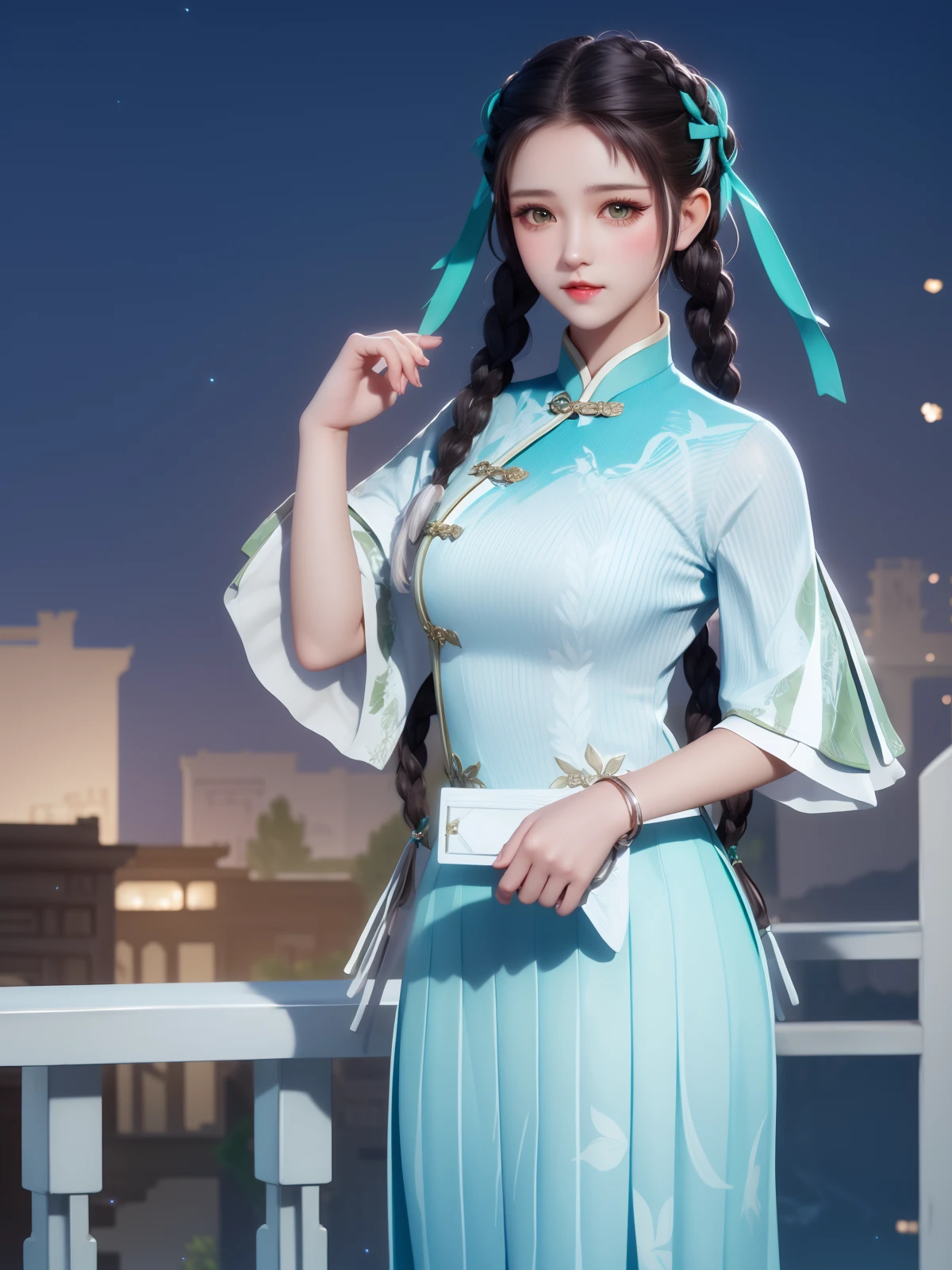 <lora:WZRYxishiSYJN_20230802131156:0.72>,braid,twin braids,white blue green long skirt,chinese clothes, hair ribbon, jewelry, cowboy shot,mature female, cityscape, night, looking at viewer, 1girl, makeup, blush,standing, short sleeves,