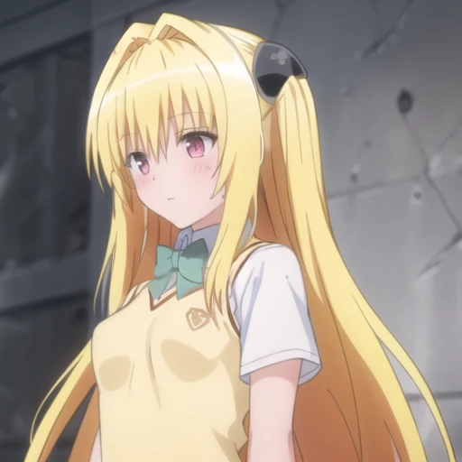 (masterpiece, best quality:1.2),illustration,8k,hd,cowboy shot,1girl,solo,long_hair,upper body,(portrait:1.2),breasts,blonde_hair,shirt,red_eyes,bow,school_uniform,white_shirt,short_sleeves,bowtie,hair_intakes,sweater_vest,yellow_vest,skirt,very_long_hair,pleated_skirt,shoes,socks,kneehighs,thigh_strap,plaid_skirt,green_skirt,hair_ornament,<lora:Eve-V1:0.8>,