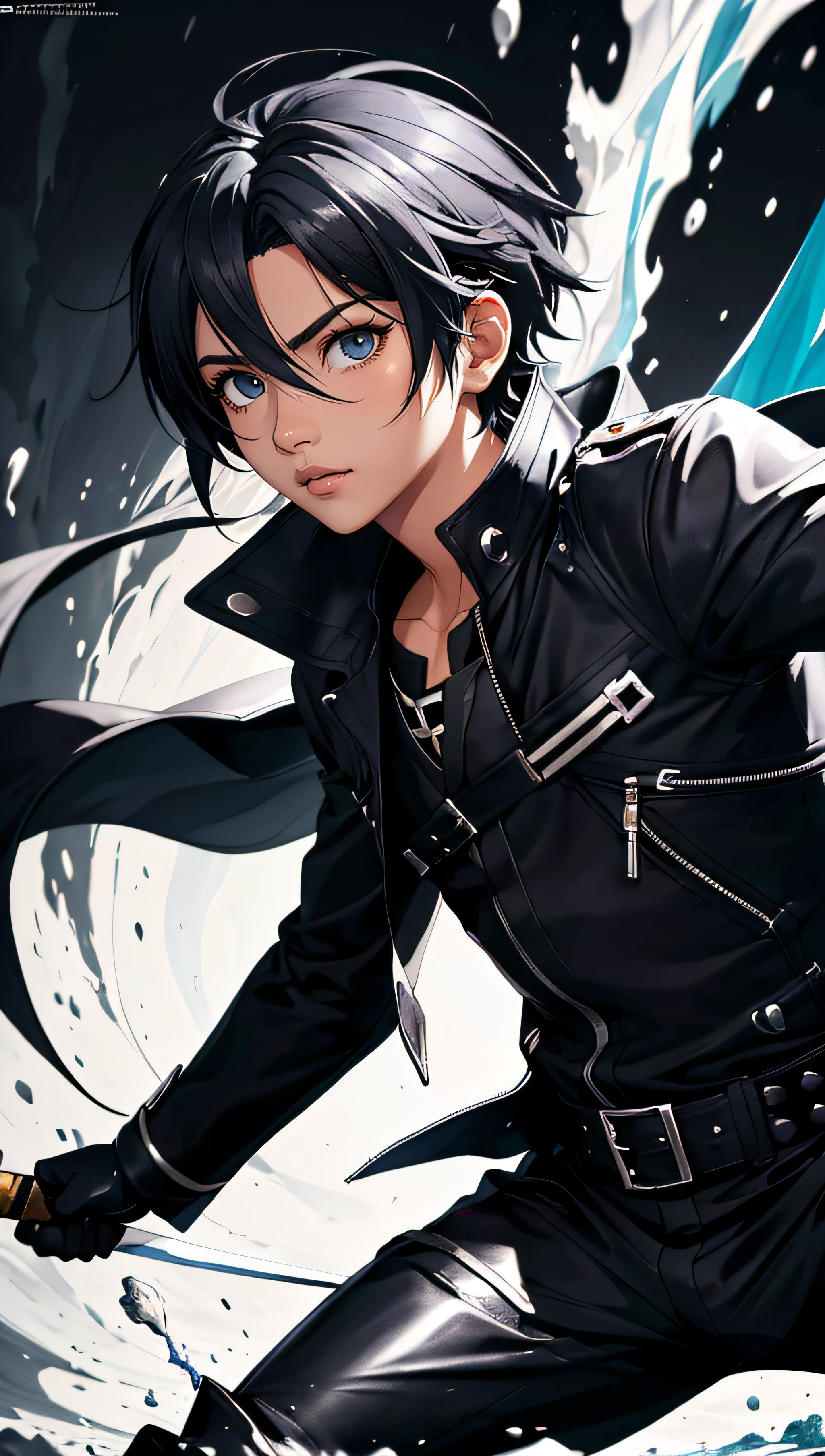 (best quality, masterpiece, colorful, dynamic angle, highest detailed)1boy(Kirito)\(sao\), upper body photo, fashion photography of cute black short hair boy (Kirito)\(sao\), dark silver big eyes, dressing high detailed black pants with a black belt that had a large silver buckle, a black V-necked shirt that was worn underneath a black trench-coat with gray lining going down the sleeves, and black boots with silver plates to protect his shins. He had a silver plate worn on the left side of his coat, and a pair of black fingerless gloves. He wore a strap that went over his right shoulder and under it to wrap around his left side (high resolution textures), sword with glowing blue rune, weapon, in dynamic pose, bokeh, (intricate details, hyperdetailed:1.15), detailed, sunlight passing through hair, colorful monocromatic splash art background, (high contrast, official \sao\ art, extreme detailed, highest detailed),