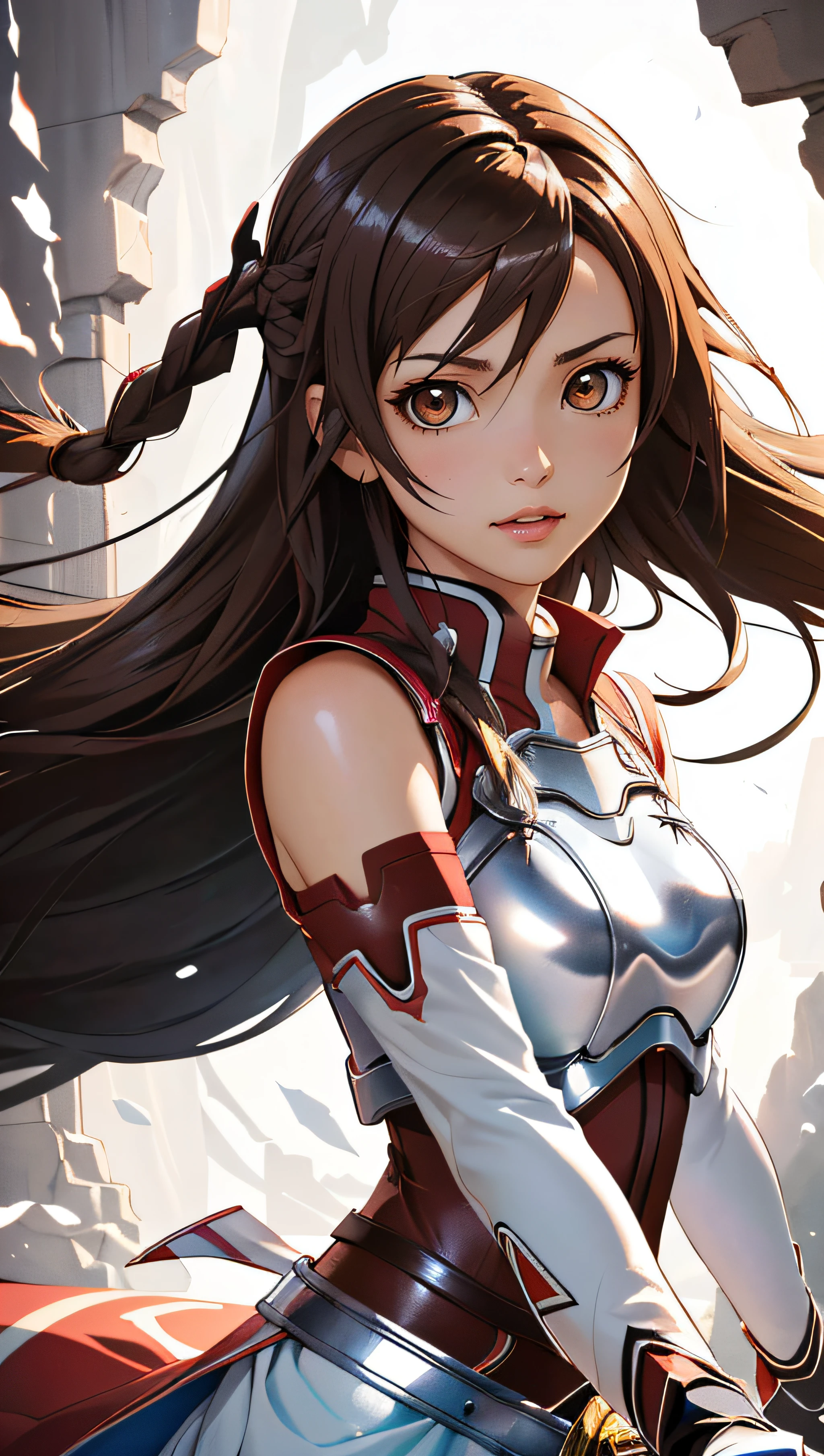 (best quality, masterpiece, colorful, dynamic angle, highest detailed)(Asuna Yuuki)\(sword art online\), upper body photo, fashion photography of cute very light brown long hair girl,(Asuna Yuuki)\(sao\), flirting, light brown eyes, dressing high detailed white&red suit (high resolution textures), braid, breastplate, detached_sleeves, skirt, sword, weapon, in dynamic pose, bokeh, (intricate details, hyperdetailed:1.15), detailed, sunlight passing through hair, colorful monocromatic splash art background, (high contrast, official \sword art online\ art, extreme detailed, highest detailed),