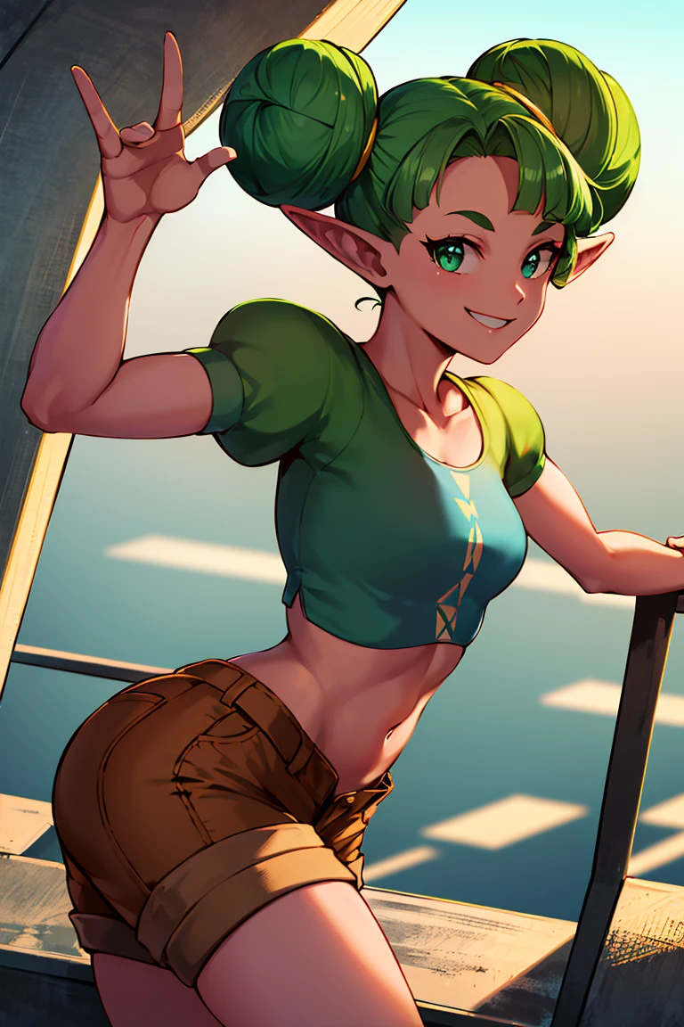 ((masterpiece,best quality)), absurdres,
<lora:Farore_Zelda:0.8>, Farore_Zelda, solo, double bun, green crop top, brown shorts,
smiling, looking at viewer, cowboy shot,
modern city, cinematic composition, dynamic pose,