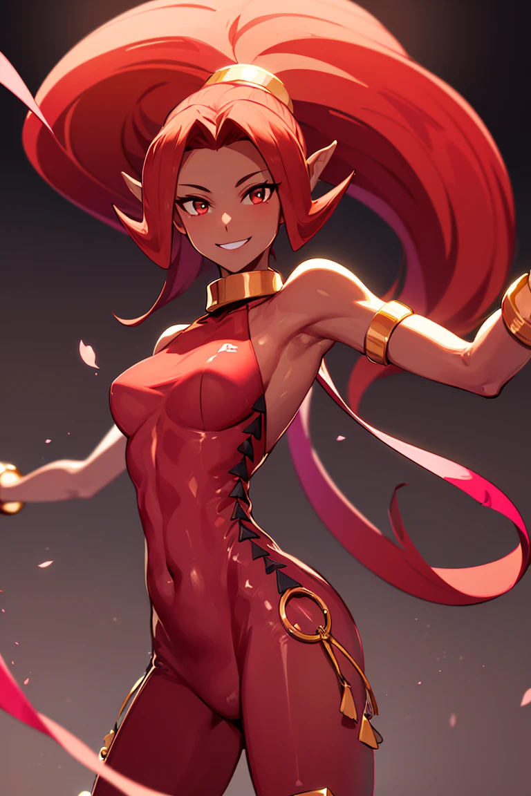 ((masterpiece,best quality)), absurdres, <lora:Din_Zelda:0.8>, Din_Zelda, solo, smiling, looking at viewer, cowboy shot, cinematic composition, dynamic pose, dark skin, red unitard, bangles,