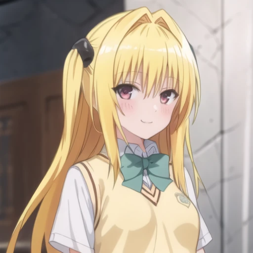 (masterpiece, best quality:1.2),illustration,8k,hd,cowboy shot,1girl,solo,long_hair,upper body,facing viewer,smile,(portrait:1.2),breasts,blonde_hair,shirt,red_eyes,bow,school_uniform,white_shirt,short_sleeves,bowtie,hair_intakes,sweater_vest,yellow_vest,skirt,very_long_hair,pleated_skirt,shoes,socks,kneehighs,thigh_strap,plaid_skirt,green_skirt,hair_ornament,<lora:Eve-V1:0.7>,