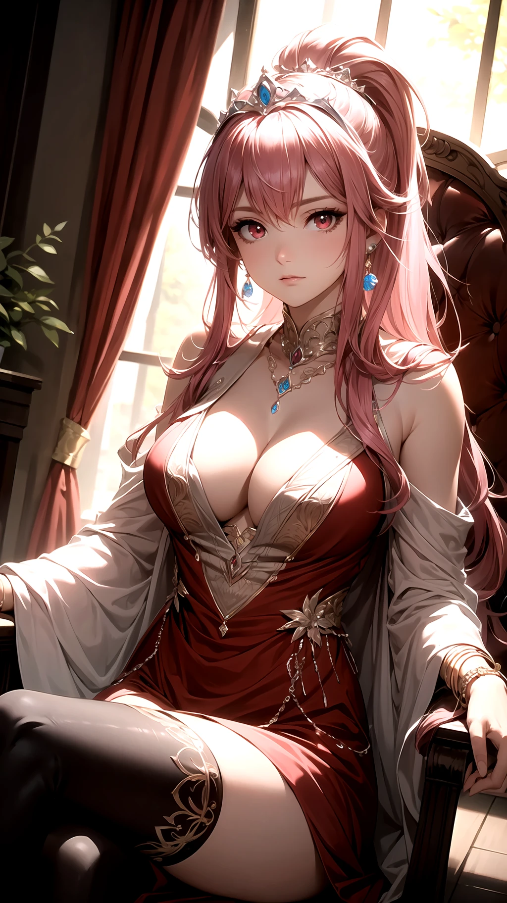 (best quality:1.1), (masterpiece:1.2), high quality shadow, beautiful detailed, (high detailed skin, skin details), (wide_landscape, 8k), beautiful face, detailed eyes, depth of field, dramatic light, best quality, highres, best shadow, best illumination, 1girl, long hair, pink hair, ponytail, messy hair, large breasts, red eyes, royal dress, jewelry, tiara, earrings, necklace, bracelet, thighhighs, expressionless, sitting on throne, on back, crossed legs, looking at viewer, from front, palace,