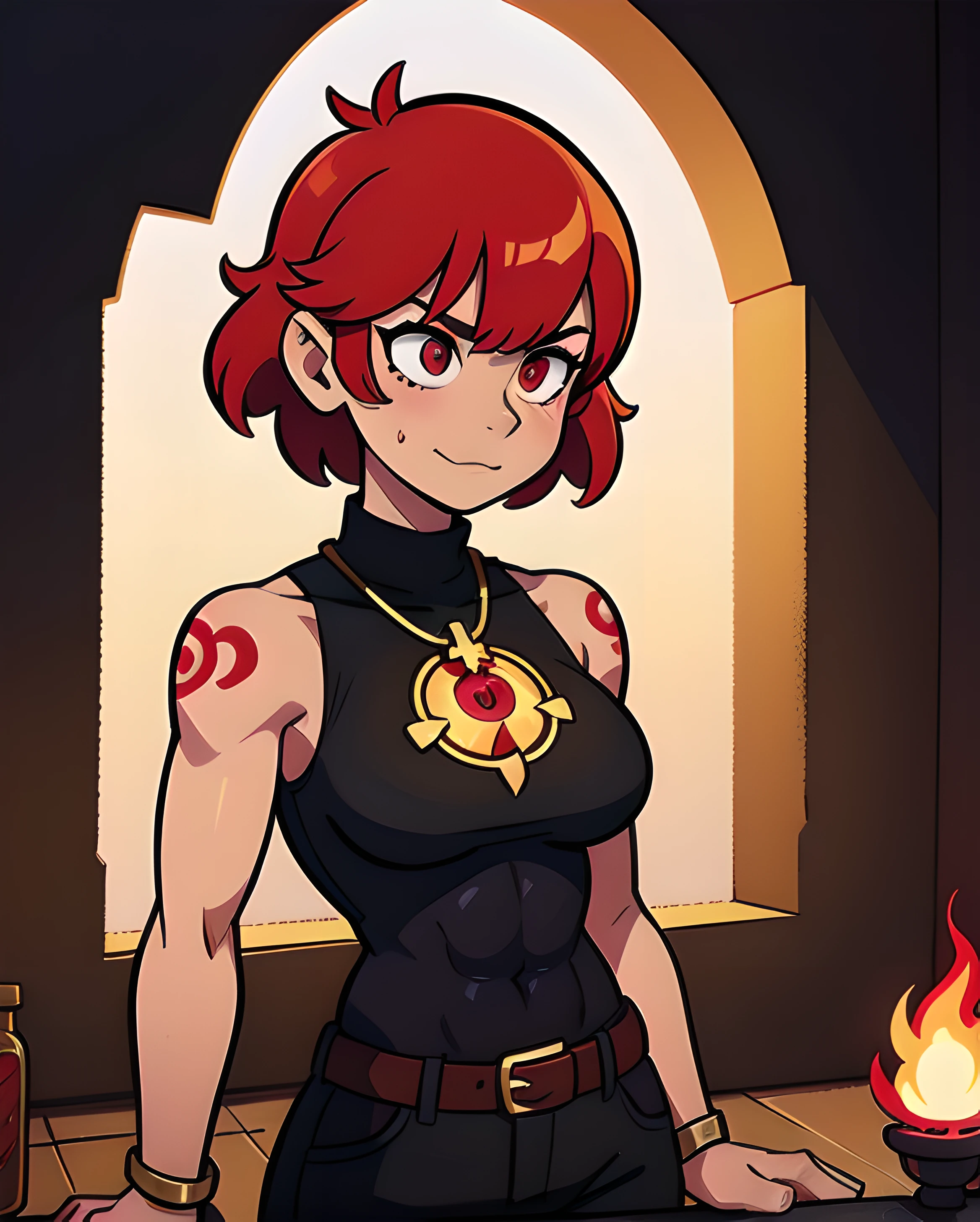 female focus, solo, upper body, 1girl, human, sorcerer, (medium_breasts:1.1), muscular, abs, biceps, (tan skin:1.1), red pixie cut hair, (tattoos:1.1), blood red eyes, (scowling:0.8), half smile, ruby pendant, jewelry, red sleeveless shirt, cleavage cutout, black pants, belt, indoors, (crystals:0.9), (blood:1.1), ancient temple, (sun symbol:1.1), fire symbol, blood magic, stone altar, (runes:1.1), statues, pillars, underground, detailed background, DnD,