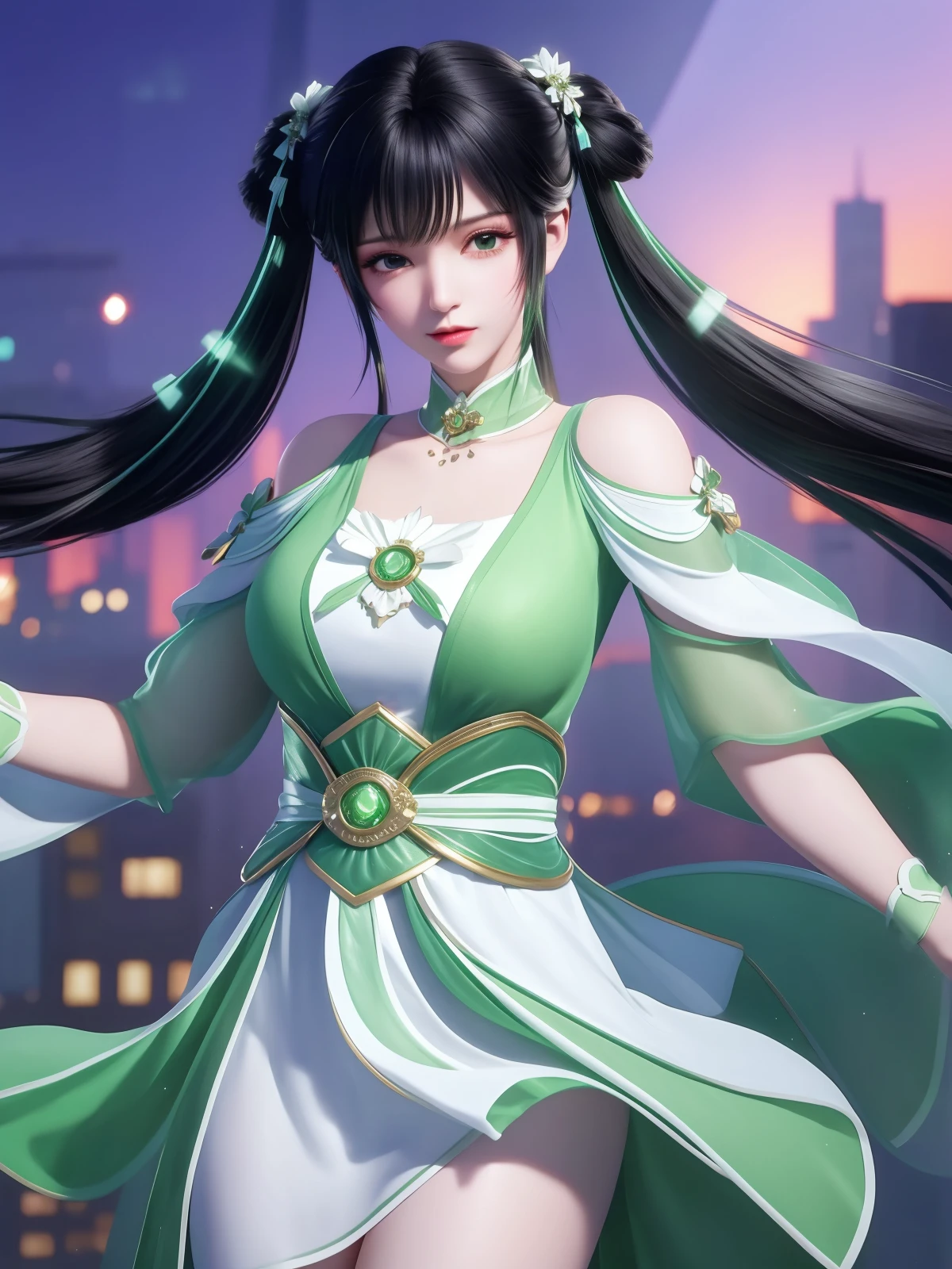 <lora:ZXbiyao_20230802211004:0.78>,1girl,cityscape,night,looking at viewer,hair ornament,twintails,white green dress,collar,clothing cutout,jewelry,shirt,trim,belt,shoulder cutout,choker,black hair,aged down,cowboy shot,obi,