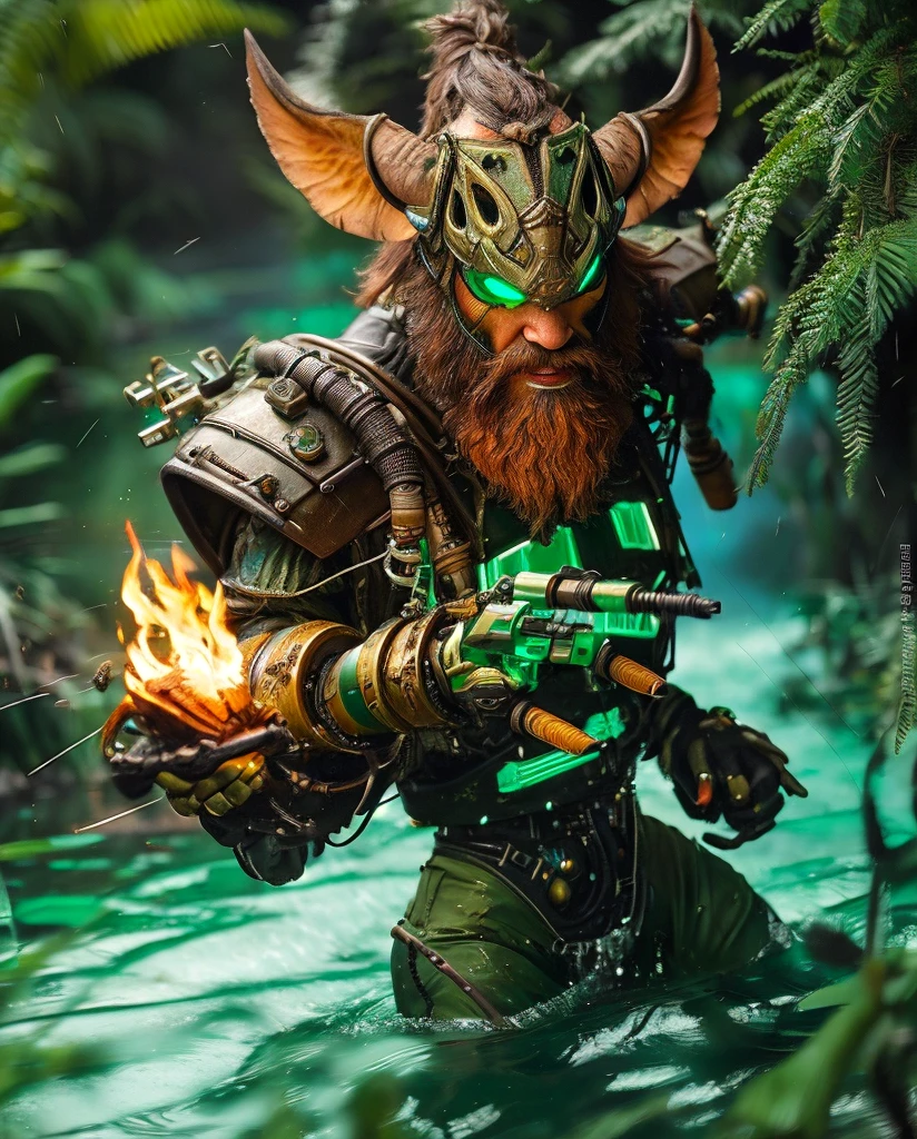an awarded profesional photo ofIkit Claw - A Skaven warlock engineer, adorned with mechanical augments and wielding a deadly warpfire thrower., ultradetailed, intricated face,(face details:1.1),perfect eyes, ideal body posture,perfect body proportions, anatomically correct hand, perfect anatomy, ideal limbs, ideal arms, ideal hands, by jeremy mann, by sandra chevrier, by maciej kuciara,(masterpiece:1.2),3photo Fujifilm XT3, (perfect body proportions:1.1) intricated hands,(by Michelangelo),in Emerald Marshlands A marshland with lush vegetation and emerald-colored waters. Fireflies fill the air, creating a magical glow at night., cowboy shot (character focus:1.1), depth of field