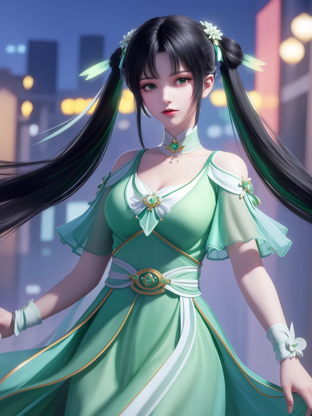 <lora:ZXbiyao_20230802211004:0.78>,1girl,cityscape,night,looking at viewer,hair ornament,twintails,white green dress,collar,clothing cutout,jewelry,shirt,trim,belt,shoulder cutout,choker,black hair,aged down,cowboy shot,obi,