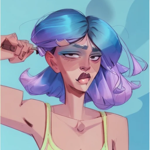 evang, 1girl, bangs, cyan hair, top, shorts, one eye cover, smile, masterpiece