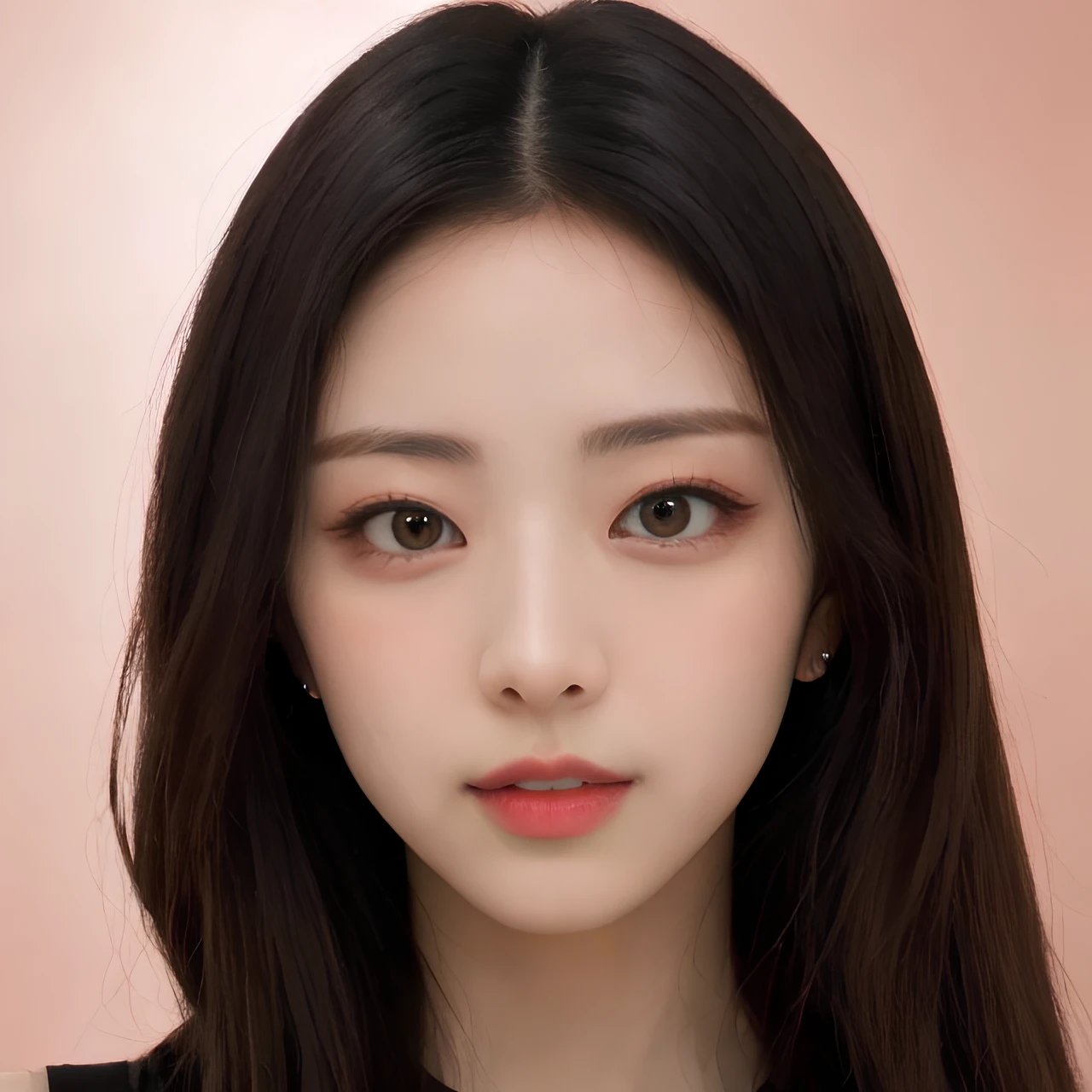 pink background, long hair, hyper realistic lifelike texture dramatic lighting unreal engine trending on art station, award winning photo, nikon RAW photo,8 k, Fujifilm XT3,masterpiece, best quality, realistic, photorealistic, ultra detailed, extremely detailed face, solo,1girl, standing, fashionable and trendy atmosphere, high-end makeup products, and a stylish expression on her face, t-shirt, close up, smile,