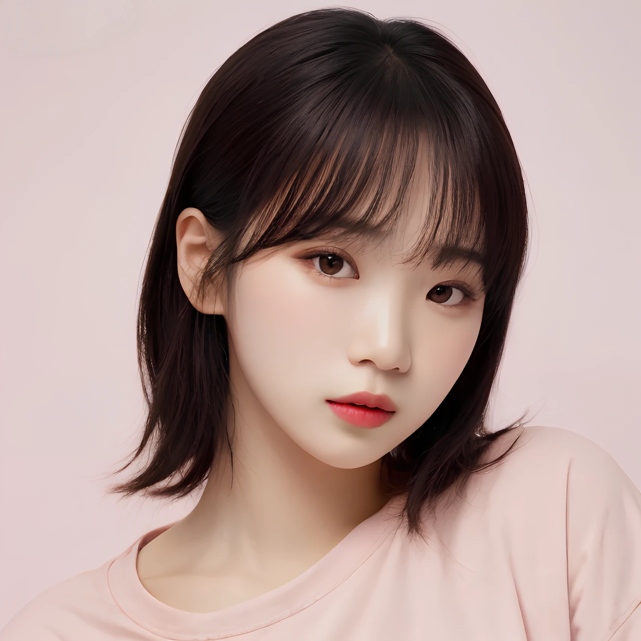 pink background, hyper realistic lifelike texture dramatic lighting unreal engine trending on art station, award winning photo, nikon RAW photo,8 k, Fujifilm XT3,masterpiece, best quality, realistic, photorealistic, ultra detailed, extremely detailed face, solo,1girl, standing, fashionable and trendy atmosphere, high-end makeup products, and a stylish expression on her face, close up, pink t-shirt, closed mouth, closed lips,