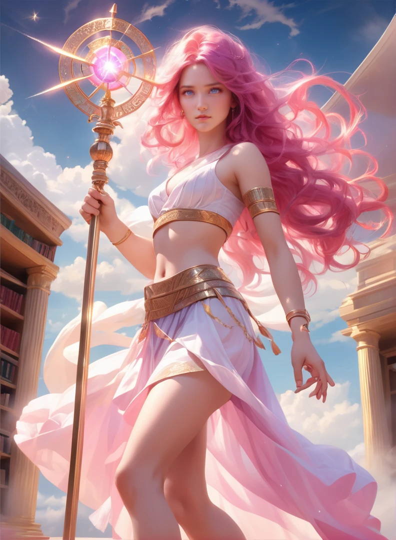 (masterpiece, high detail, best quality),
greek clothes, peplos, 1 asian girl, holding magic staff, solo, headwear, long hair, navel, pink hair, skirt, staff, jewelry, sandals, small breasts, platform footwear, white skirt, bracelet, looking at viewer, upper body,breasts, (armlet, thighlet, very long hair, cloud, vibrant color, (high contrast), midriff, detail skin, light on face, highlight face, __BREAK__
portrait, standing, In a vast library in the clouds, where every book contains a different universe,, realistic, concept art, cinematic, volumetric lighting, highly detailed, 8k, fire fly, bokeh, mysterious, fantasy, night, sky, cloud,