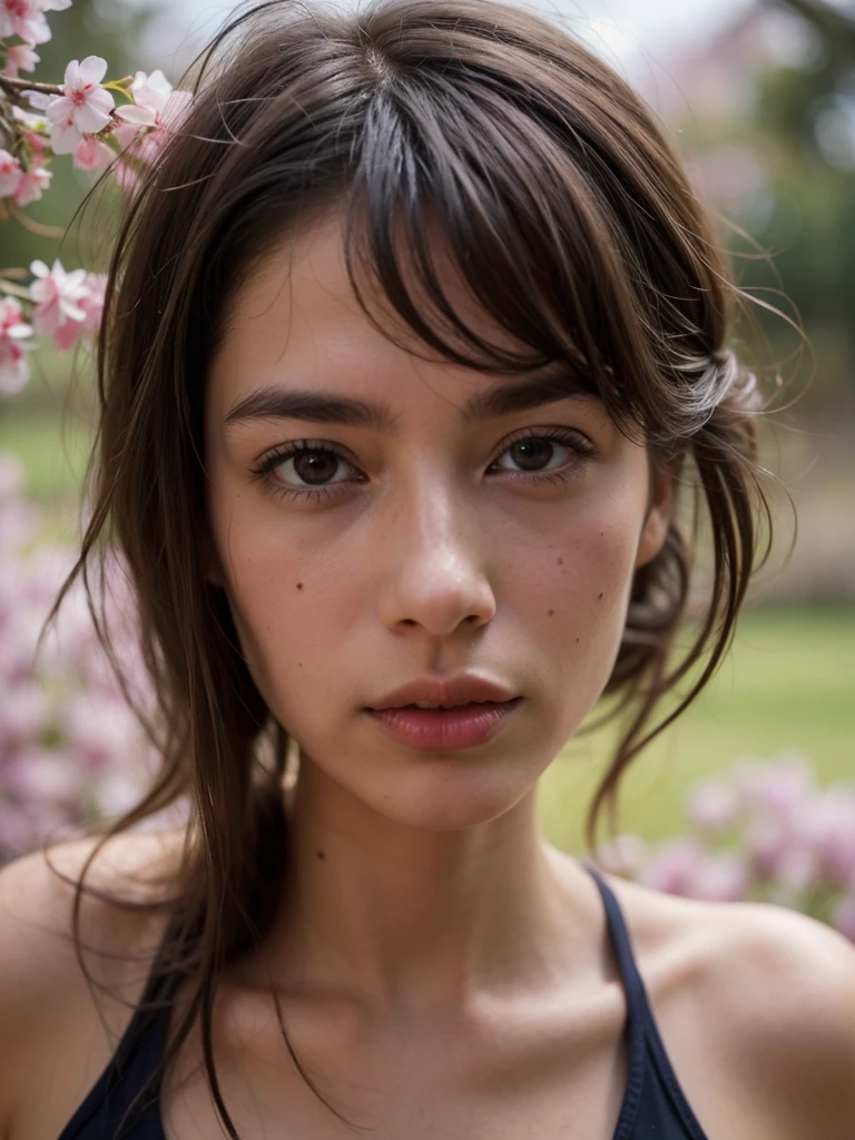 1girl, blurry, (infrared hair, upstyle hair:1.3), brown_eyes, cherry_blossoms, depth_of_field, lips, looking_at_viewer, one-piece_swimsuit, outdoors, photo_\(medium\), solo, (standing:1.2), (highleg:1.5), swimsuit, tree, <lora:hairyArmpits_v10:1>, (8k, RAW photo, best quality, masterpiece:1.2), ultra detailed, ultra high res, (realistic, photo realistic:1.37), high detail RAW color photo, professional photograph, an extremely delicate and beautiful, extremely detailed, 8k wallpaper, Amazing, finely detail, huge file size, extremely detailed beautiful girl, extremely detailed face, extremely detailed eyes, extremely detailed skin, extremely detailed fingers, extremely detailed nose, extremely detailed mouth, perfect anatomy, highly detailed background, NaturalHand2-3500, beautiful and delicate lips, delicate fingers, detailed pupil, real human skin, shiny skin,