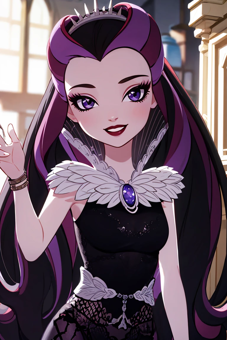 ((masterpiece,best quality)), absurdres,
<lora:Raven_Queen_EAH:0.7>, Raven_Queen_EAH,
solo, smiling, looking at viewer, cowboy shot,
cinematic composition, dynamic pose,