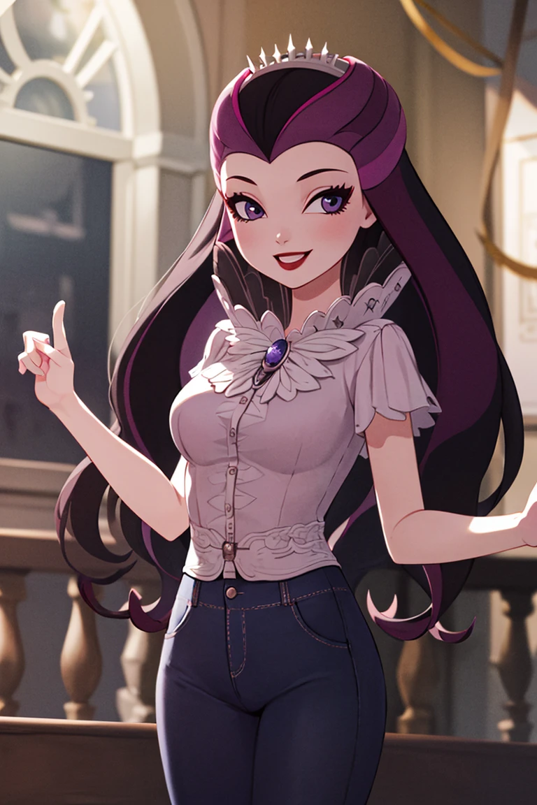 ((masterpiece,best quality)), absurdres,
<lora:Raven_Queen_EAH:0.6>, Raven_Queen_EAH,  pink shirt, black demin jeans, 
solo, smiling, looking at viewer, cowboy shot,
cinematic composition, dynamic pose,