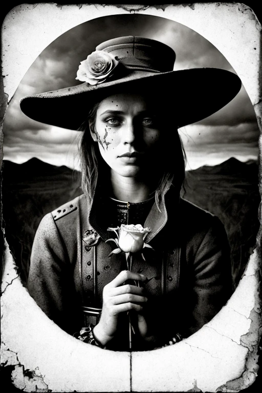 barnum-ambrotype portrait closeup full body( sensitive 1 woman:1.2), looking deeply at camera, extravagant hat , holding cut thorny white rose, lively eyes, in background scenery surreal scifi city, beautiful and ominous, at distance construction cracked broken metal scifi (intricate hydraulic engine device:1.3), pipes, valves, pbr texture, grit, stains, rust , cracks in asphalt, mist, cloudy sky