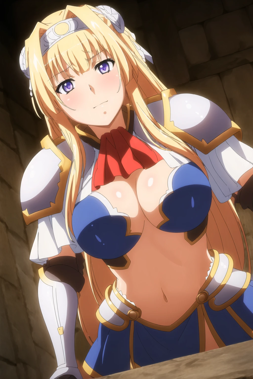 (Night:1.7), a jail cell with bars and a light shining through the bars on the floor and walls,as Background,
Standing at attention,
armor, gauntlets, wearing a blue outfit ,a red scarf with a bow around her neck, (Deep_cleavage), boots,greaves,thighhighs,navel,skirt,
<lora:more_details:0.1>,<lora:Alicia_Arcturus_Kuroinu-KK77-V2:0.7>,
blonde_long_hair, blue_eyes,hairband,Bangs,
1 girl, 20yo,Young female,Beautiful Finger,Beautiful long legs,Beautiful body,Beautiful Nose,Beautiful character design, perfect eyes, perfect face,expressive eyes,
looking at viewer, in the center of the image,(Upper_body),(Focus on her face),
official art,extremely detailed CG unity 8k wallpaper, perfect lighting,Colorful, Bright_Front_face_Lighting,shiny skin, 
(masterpiece:1.0),(best_quality:1.0), ultra high res,4K,ultra-detailed,
photography, 8K, HDR, highres, absurdres:1.2, Kodak portra 400, film grain, blurry background, bokeh:1.2, lens flare, (vibrant_color:1.2)
(Beautiful,large_Breasts:1.4), (beautiful_face:1.5),(narrow_waist),