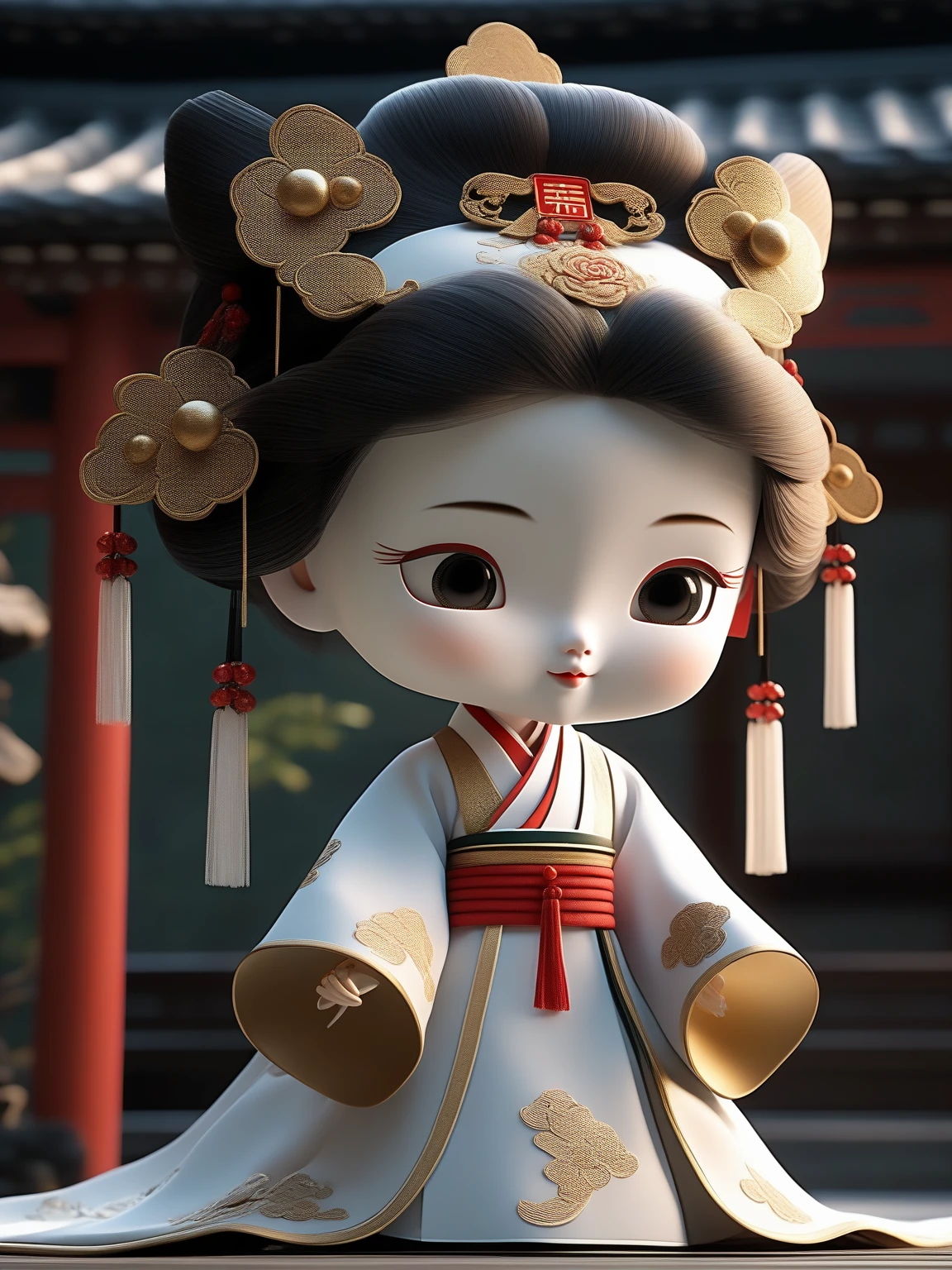 The doll is wearing a traditional chinese costume, in the style of unreal engine 5, cartoon mis - en - scene, 32k uhd, ivory, minimalistic japanese, hyper - realistic sculptures,