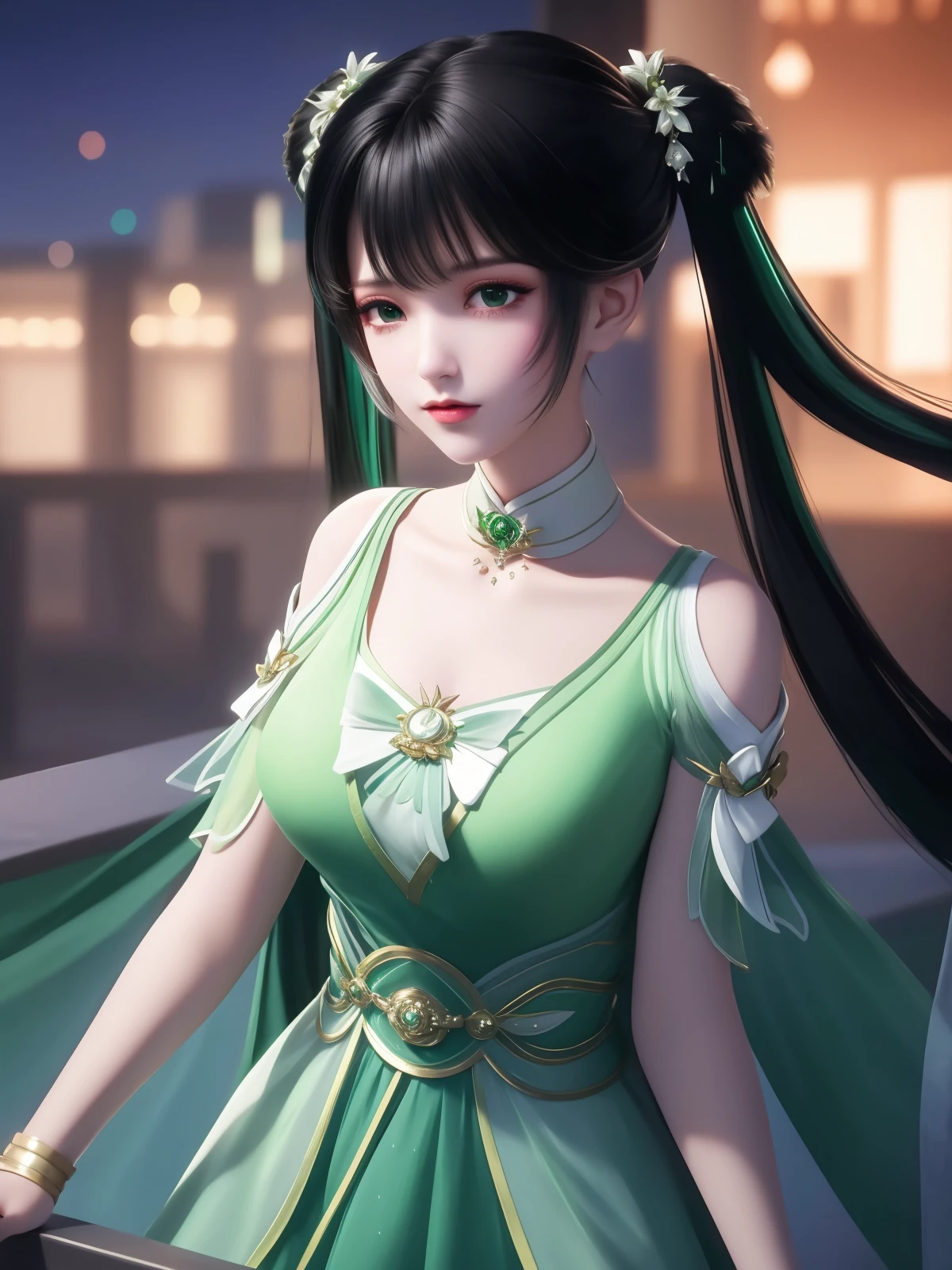 <lora:ZXbiyao_20230802211004:0.78>,1girl,cityscape,night,looking at viewer,hair ornament,twintails,white green dress,collar,clothing cutout,jewelry,shirt,trim,belt,shoulder cutout,choker,black hair,aged down,cowboy shot,obi,
