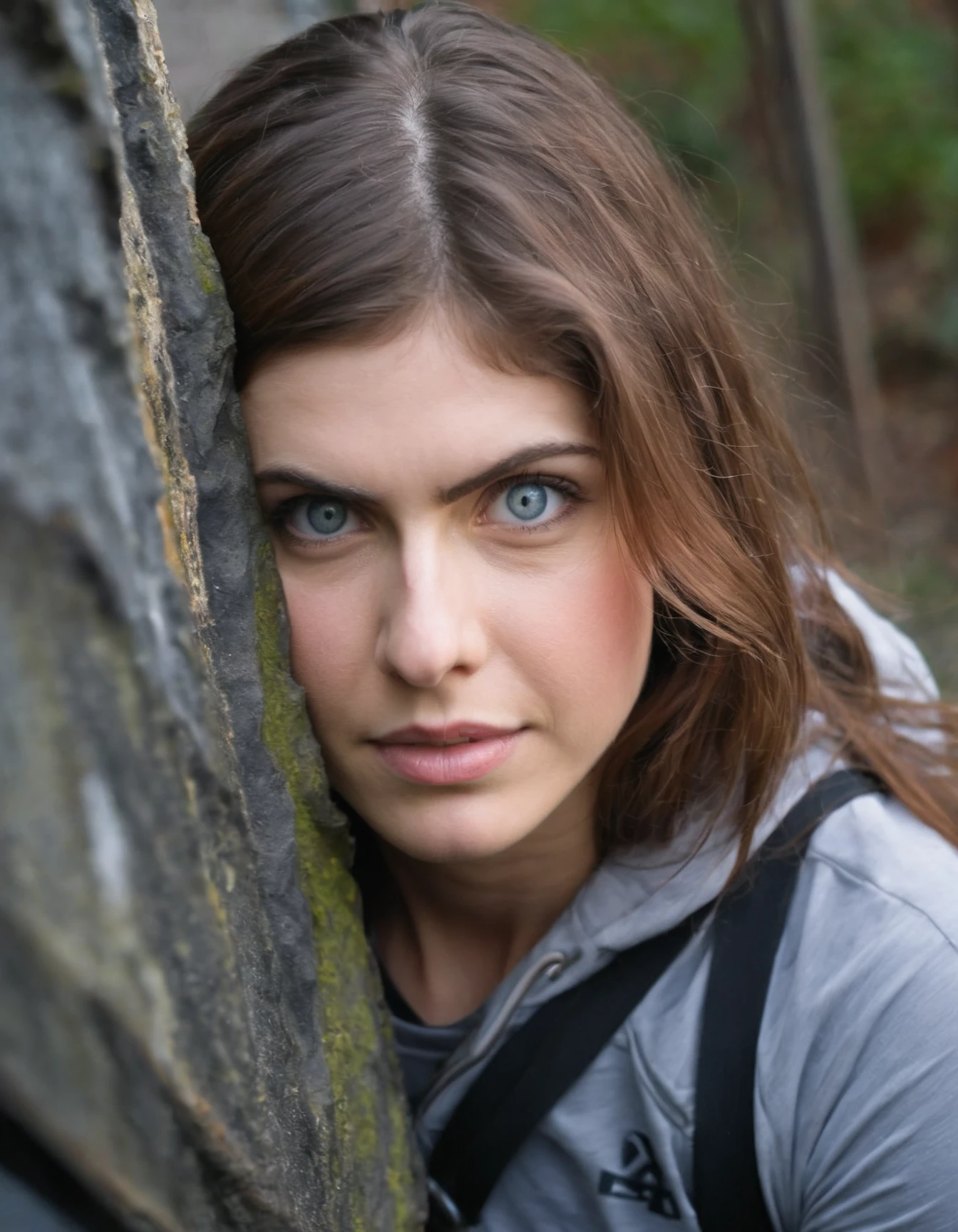 professional close-up portrait photography of the face of a beautiful ((ohwx woman)) <lora:daddario_lora_sdxl_v1-000008:1> at climbing gym during Dusk, Nikon Z9