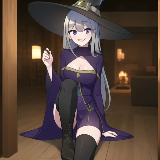 (masterpiece, best quality:1.2),illustration,8k,hd,1girl,solo,long_hair,smile,breasts,cleavage,bangs,purple_eyes,grey_hair,teeth,grin,black_headwear,witch_hat,sharp_teeth,sidelocks,black_thighhighs,long_sleeves,purple_dress,cleavage_cutout,clothing_cutout,wide_sleeves,white boots,<lora:WitchGirl Bubble-V1:0.9>,