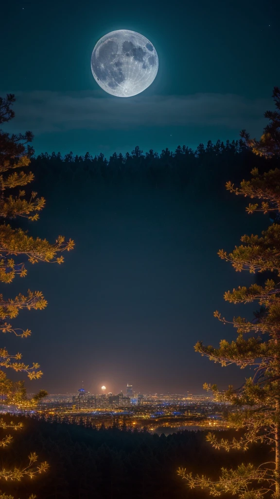 high quality, high resolution, extreme detail, masterpiece, forest above a city, night, moon, <lora:Moon_LoRA:0.7>, volumetric shading