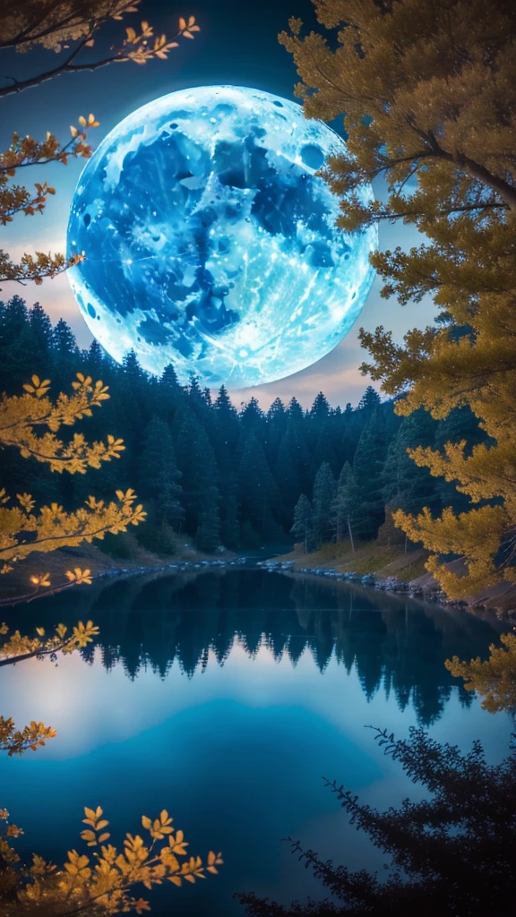 high quality, high resolution, extreme detail, masterpiece, forest, lake, moonlit trees, moon, <lora:Moon_LoRA:1>, volumetric shading