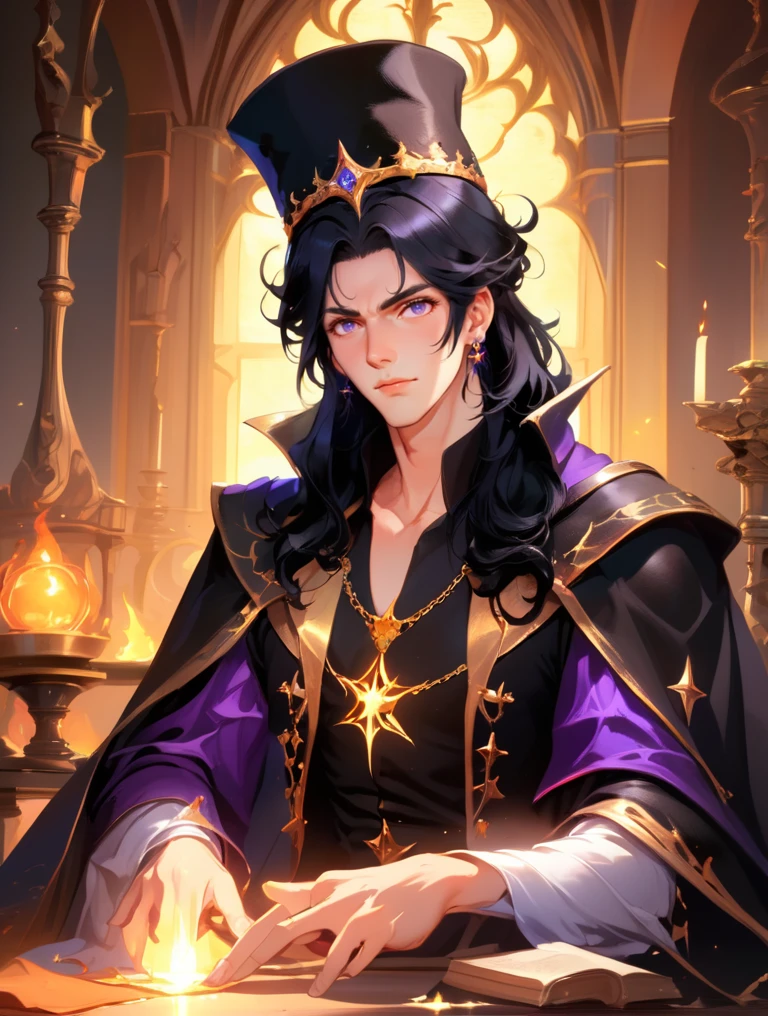 (masterpiece, best quality), anime, anime style, illustration,  , of a male, dressed as a Witch, with black hair, with a male , wearing a crown, portrait, sitting, concept art, cinematic, volumetric lighting, highly detailed, 8k
