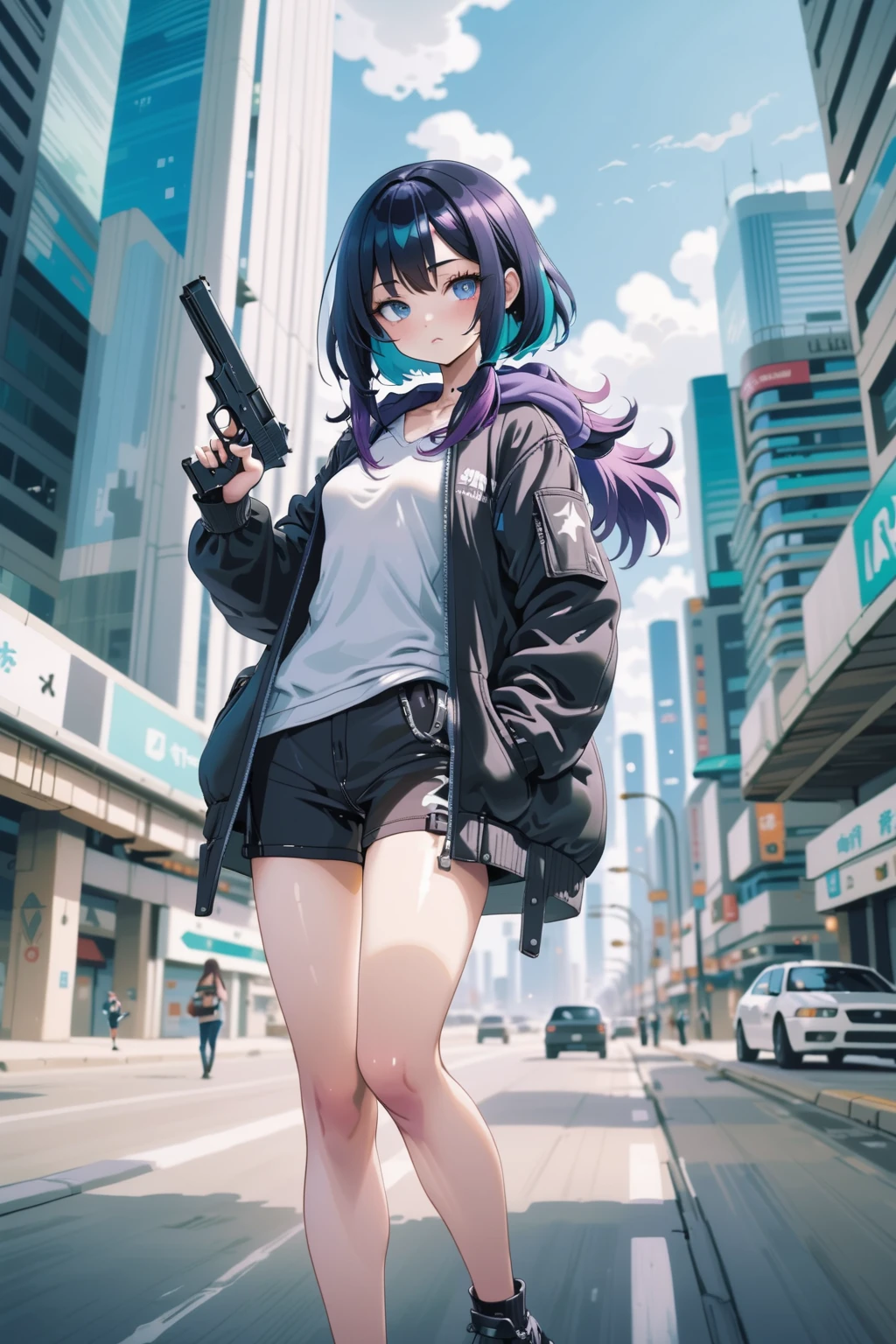girl holding handgun, aiming at viewer, city
