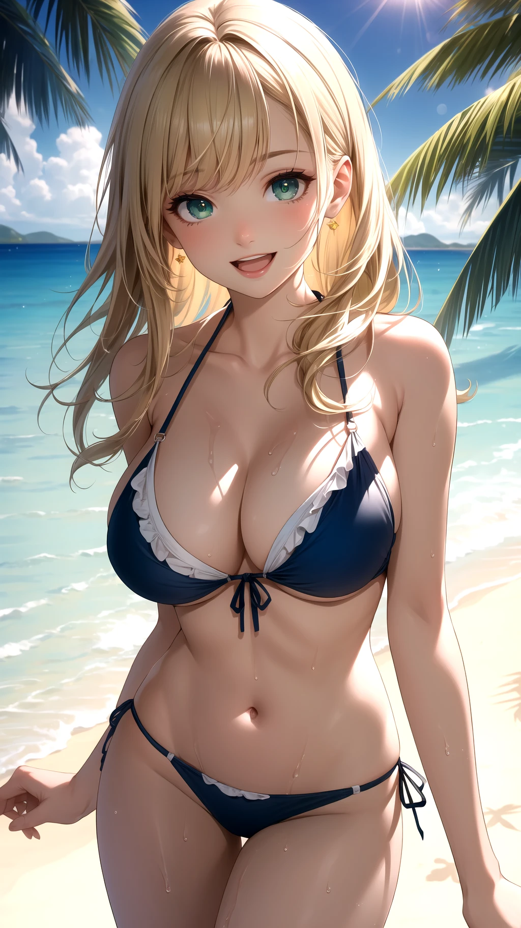 (best quality:1.1), (masterpiece:1.2), high quality shadow, beautiful detailed, beautiful face, detailed eyes, depth of field, highres, best shadow, best illumination, 1girl, looking at viewer, blonde hair, long hair, green eyes, smile, open mouth, large breasts, bikini, beach, wet,