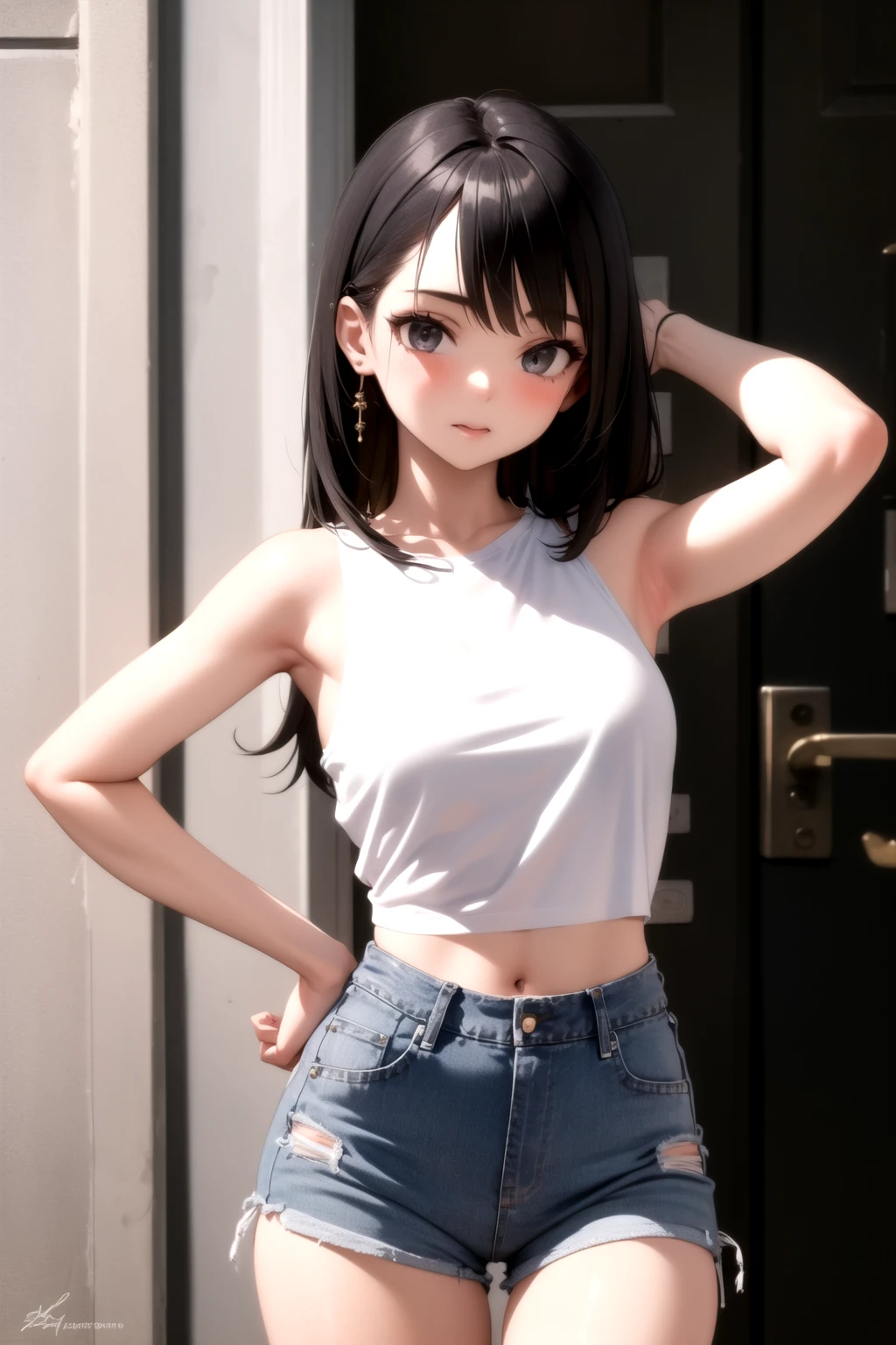 <lora:denim_shorts_v0.2:1>
1girl, high-waist shorts, cutoffs, tank top,, masterpiece, best quality, highly detailed