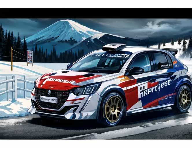 peugeot, masterpiece, very detailed, highres, running at high speed, glowing lights, speed sensation, well framed at middle range, neon colored luxury rims, slammed, extreme detail, peugeot, 208 , manga, anime , Hyper detailed car, perfect soft lighting, great lighting, car , fisheye lens, blue 208, country, snowing,(snow), mountains, mount fuji, lake, rallye, ground, snow on ground, forest <lora:more_details:.6>
<lora:peugeot_208:1>