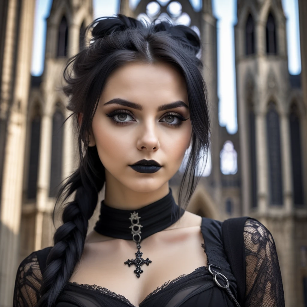 (best quality), (masterpiece), (best lighting), (high detailed skin:1.0), detailed eyes, 8k uhd, dslr, soft lighting, best quality, film grain, Fujifilm XT3, (realistic:1.2), detailed face, beautiful eyes, 1girl, Goth_punk, dynamic pose, gothic cathedral,