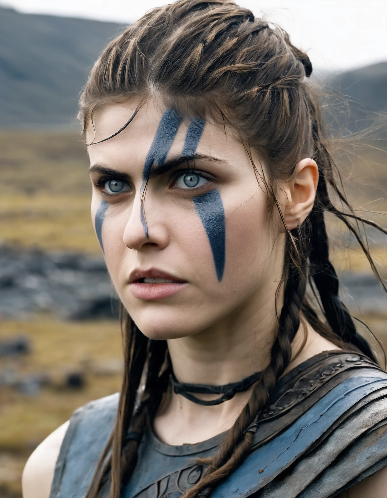 Close-up of (ohwx woman) <lora:daddario_lora_sdxl_v1-000008:1> in Hellblade: Senua's Sacrifice, emerging from black mud, long hair with dreads, war blue paint, paint fading, angry expression, dirty face, finely detailed eyes, moody, viking clothes, epic scene, epic composition, Photography, Cinematic Lighting, Volumetric Lighting, ethereal light, intricate details, extremely detailed volumetric rays