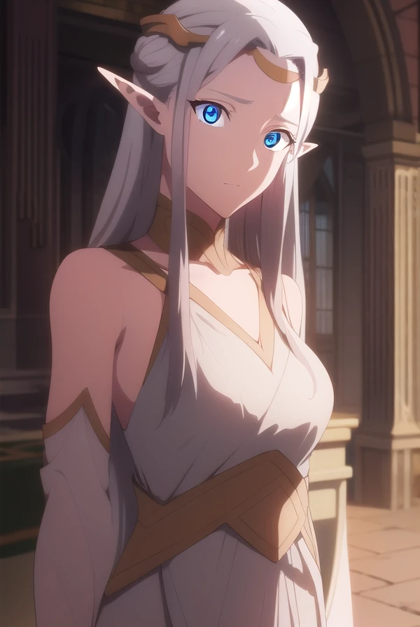 fymryn, <lora:fymryn-lora-nochekaiser:1>,
fymryn, goddess mene, pointy ears, elf, white hair, 
BREAK choker, circlet, white dress, dress,
BREAK looking at viewer,
BREAK outdoors,
BREAK <lora:GoodHands-vanilla:1>, (masterpiece:1.2), best quality, high resolution, unity 8k wallpaper, (illustration:0.8), (beautiful detailed eyes:1.6), extremely detailed face, perfect lighting, extremely detailed CG, (perfect hands, perfect anatomy),