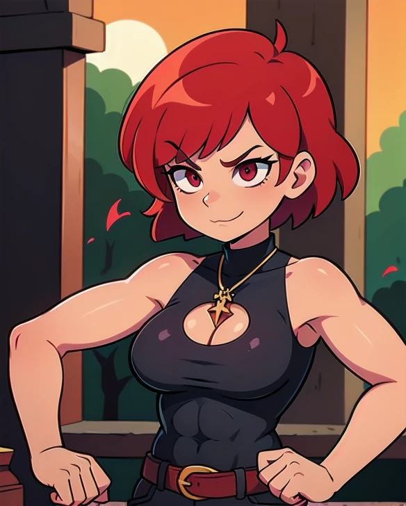 female focus, solo, upper body, 1girl, human, sorcerer, (medium_breasts:1.1), muscular, abs, biceps, (tan skin:1.1), red pixie cut hair, (tattoos:1.1), blood red eyes, (scowling:0.8), half smile, ruby pendant, jewelry, red sleeveless shirt, cleavage cutout, black pants, belt, indoors, (crystals:0.9), (blood:1.1), ancient temple, (sun symbol:1.1), fire symbol, blood magic, stone altar, (runes:1.1), statues, pillars, underground, detailed background, DnD,
