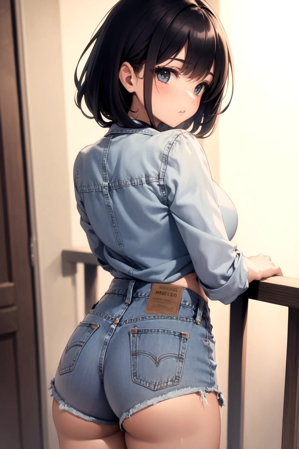 <lora:denim_shorts_v0.2:1>
1girl, high-waist shorts, looking back, tag,, masterpiece, best quality, highly detailed