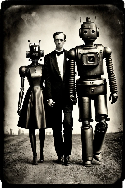 robot foundry, full body portrait of  cute happy family (wandering retrofuturistic  robots:1.1) hydraulic arms,  barnum-ambrotype