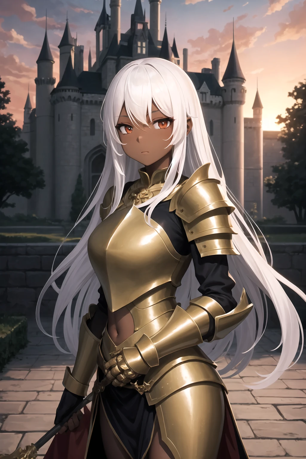 masterpiece, best quality, 1girl, long white hair, dark skin, gilded armor, serene expression, red carpet, castle, stone walls, sunset