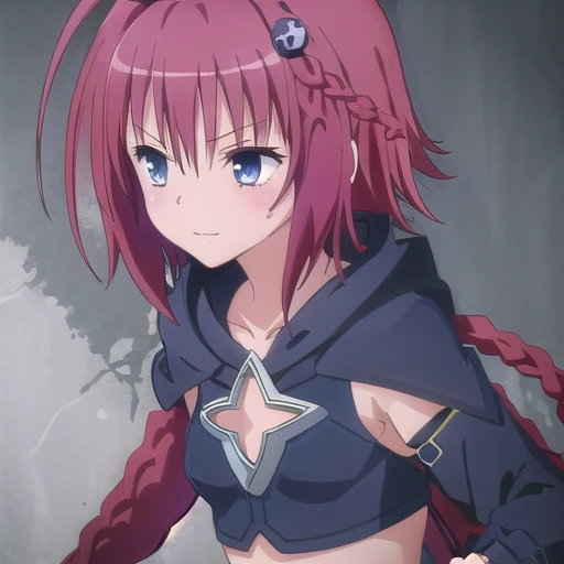 (masterpiece, best quality:1.2),illustration,8k,hd,cowboy shot,1girl,long_hair,upper body,(portrait:1.2),breasts,smile,blue_eyes,hair_ornament,navel,very_long_hair,purple_eyes,braid,ahoge,red_hair,small_breasts,boots,detached_sleeves,shorts,midriff,stomach,crop_top,short_shorts,clothing_cutout,thigh_strap,black_shorts,cleavage_cutout,blue_footwear,black_sleeves,waist_cape,fingerless_gloves,<lora:Kurosaki Meia-Fighting V1:0.9>,