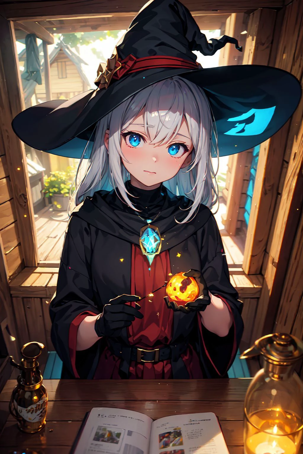 (masterpiece, best quality, chromatic aberration), (witch:1.1), indoors, wooden hut, glowing hut, (magical:1.1), best eyes, light particles,